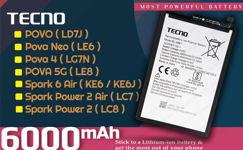 Tecno Mobile Battery For BL 58BT Tecno POVA 5G/Neo/ LE8/LE6/ Ld7j/ Spark 6 Air KE6/Spark Power 2 Air /LC8/ LC7-6000 MAh