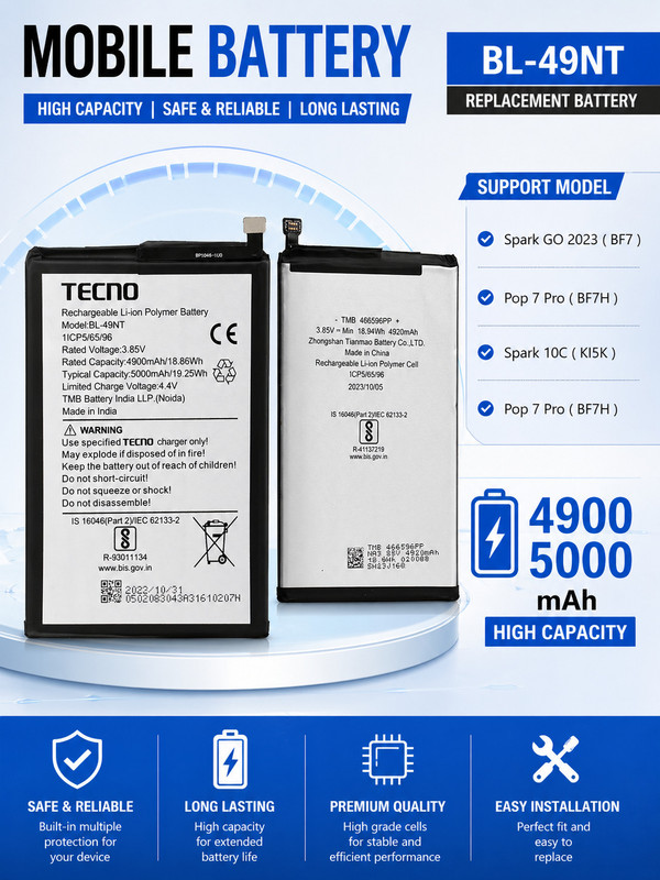 Tecno Mobile Battery For BL 49NT ( New Connector ) Tecno Spark GO 2023 / Pop 7 Pro/ Spark 10C