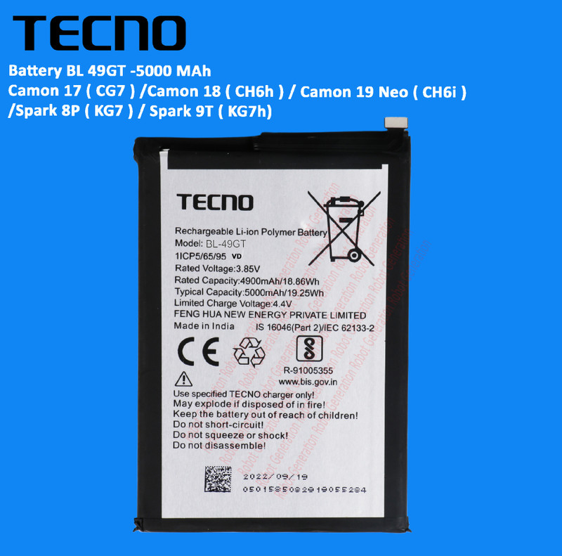 Tecno Mobile Battery For BL49GT Tecno Camon 18/17/19 Neo / CG7 / CH6h / CH6i /Spark 8P /9T KG7/ KG7h -5000 MAh