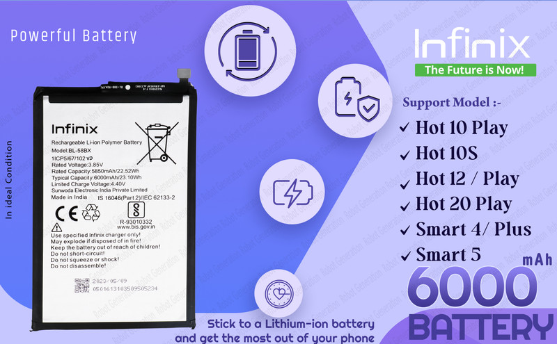 Infinix Mobile Battery For BL 58BX Infinix Hot 10 Play/Smart 4 Plus/Smart 5/Hot 10S/Hot 12 Play / Hot 12 -6000 mAh