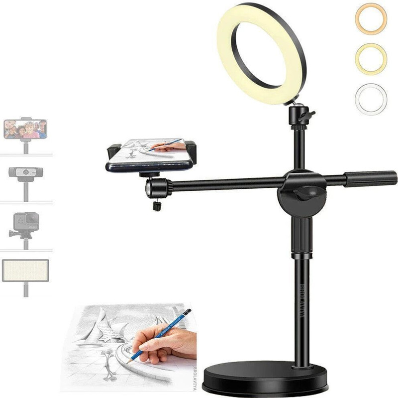BROLAVIYA Overhead Video Stand with 6 Inch Ring Light, Metal Rod, 1/4 Inch Ball Head Mobile Holder