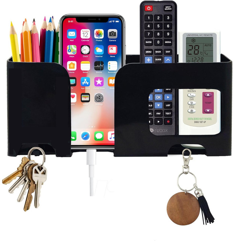 Muv up Wall Mount Mobile/Remote Stand with Key Holder- No Drill Required - Black Mobile Holder