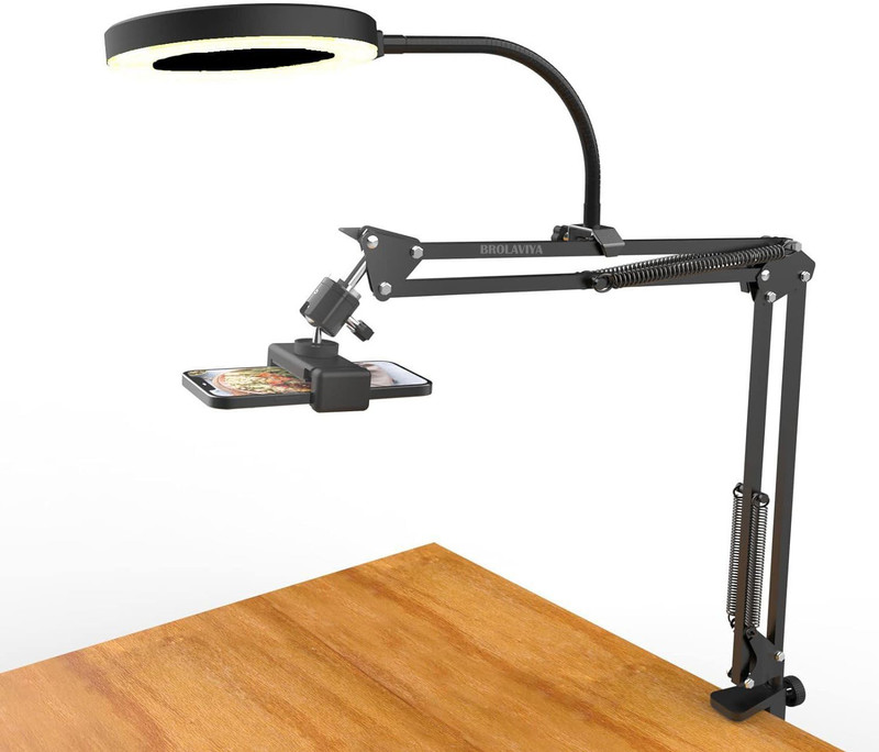 BROLAVIYA Overhead Stand Flexible Clip Arm with 10 Inch Ring Light, 1/4 Inch Ball Head Mobile Holder