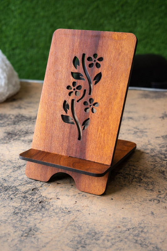 woodcraft Wooden Mobile Stand Holder | Handcrafted Floral Design Phone Stand Mobile Holder