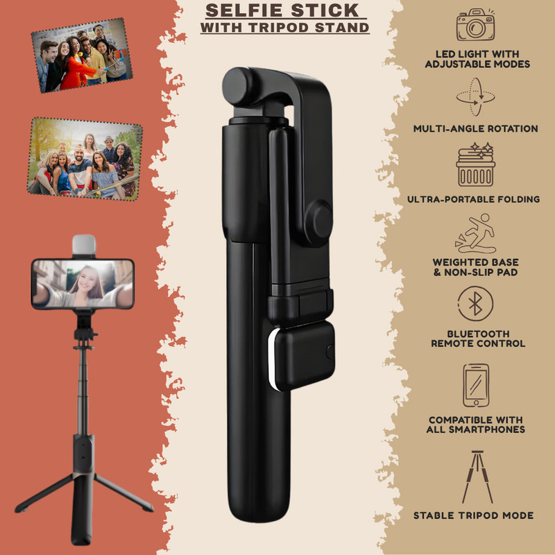 Autozap Foldable Selfie Stick Tripod with Bluetooth Remote & LED Light for Smartphones Mobile Holder