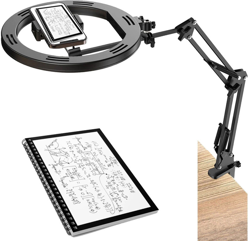 BROLAVIYA Overhead Video Mobile Stand with Extra Long Metal Arm, Ring Light, Base Clamp Mobile Holder