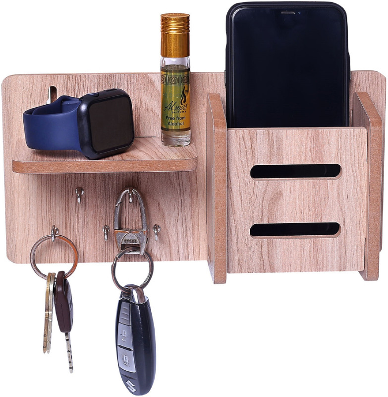 LICHEE Wooden Keys & Stand With 5 Keys Hooks and 1 Mobile Holder