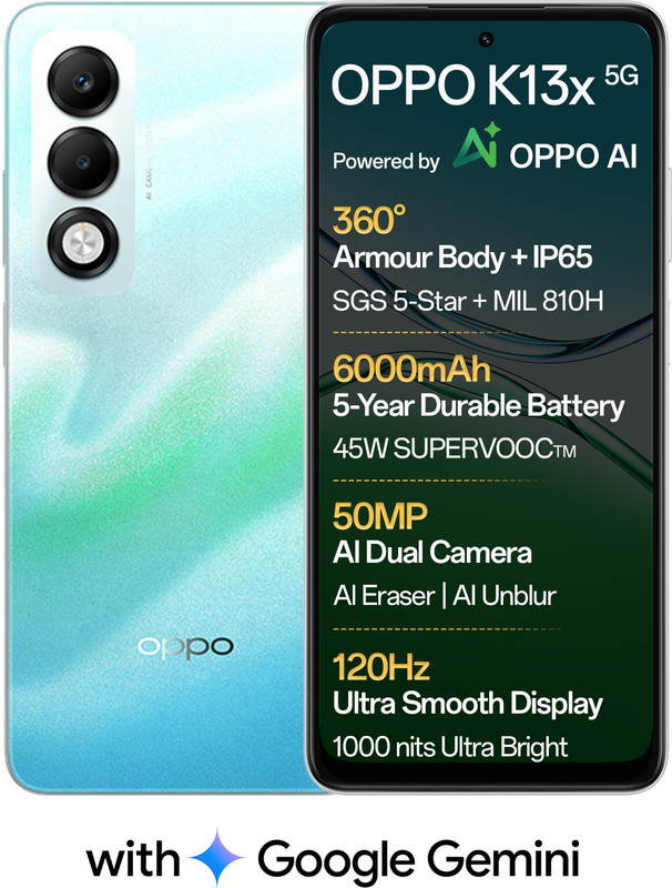 OPPO K13x 5G 6000mAh and 45W SUPERVOOC Charger & AI (Breeze Blue, 128 GB)(6 GB RAM)
