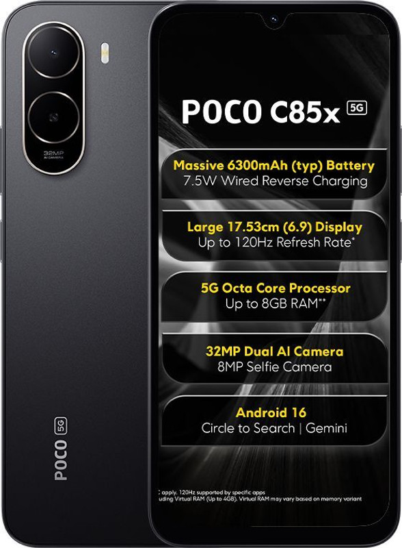 POCO C85x Charger in the Box (Elite Black, 64 GB)(4 GB RAM)