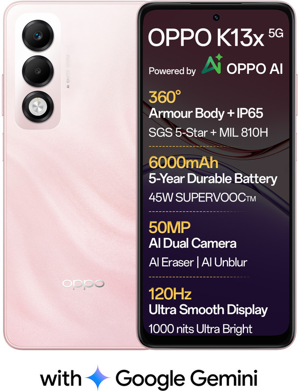 OPPO K13x 5G 6000mAh and 45W SUPERVOOC Charger & AI (Sunset Peach, 128 GB)(6 GB RAM)
