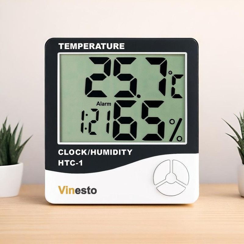 vinesto HTC-1 Digital Room Thermometer | Temperature & Humidity Meter with Clock 002 HTC-1 Digital Room Thermometer | Temperature & Humidity Meter with Clock Pinless Digital Moisture Measurer(40 mm)