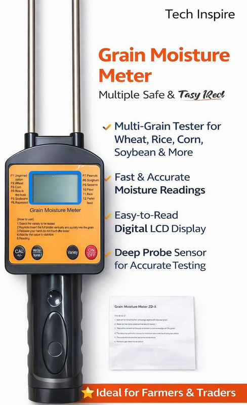 Tech Inspire Digital Grain Moisture Meter for 12 Crops | Dual Rod Sensor | LCD Backlight TI-GMM-12P Digital Moisture Meter Pin-Type Digital Moisture Measurer(300 mm)