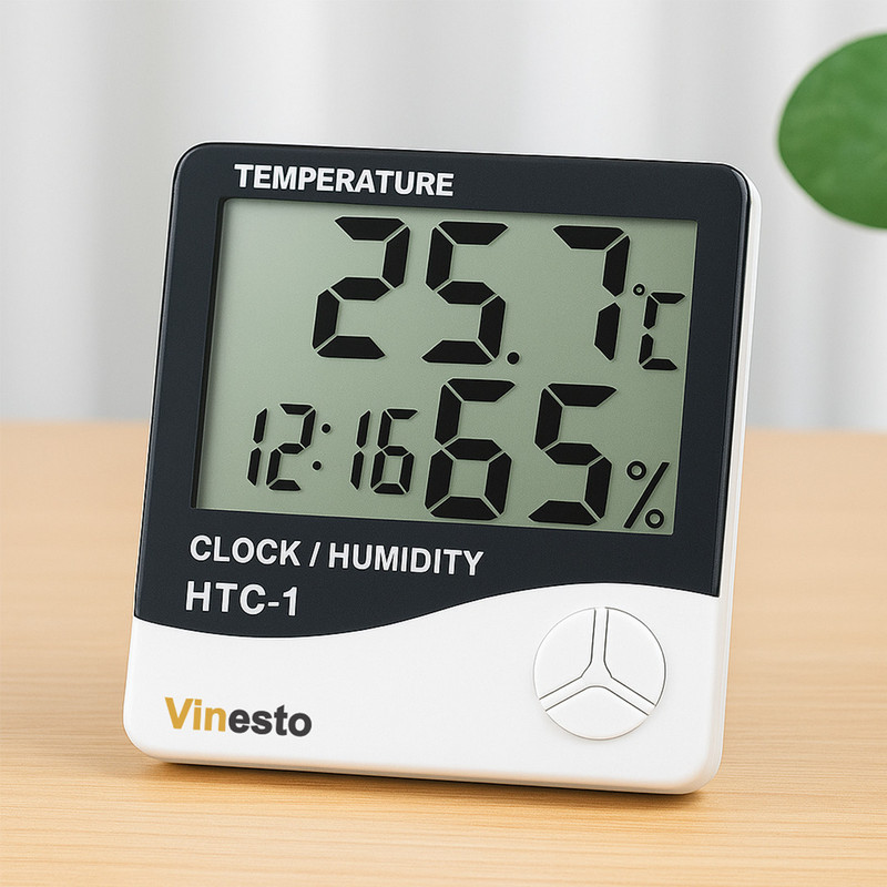 vinesto HTC-1 Digital Room Thermometer Temperature & Humidity Meter with Clock 003 HTC-1 Digital Room Thermometer | Temperature & Humidity Meter with Clock Pinless Digital Moisture Measurer(40 mm)