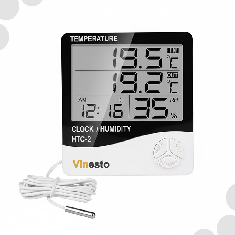 vinesto HTC-2 Digital Hygrometer Thermometer Humidity HTC-2 Digital Hygrometer Thermometer Humidity Meter With Clock LCD Display All-in-One Digital Moisture Measurer(20 mm)