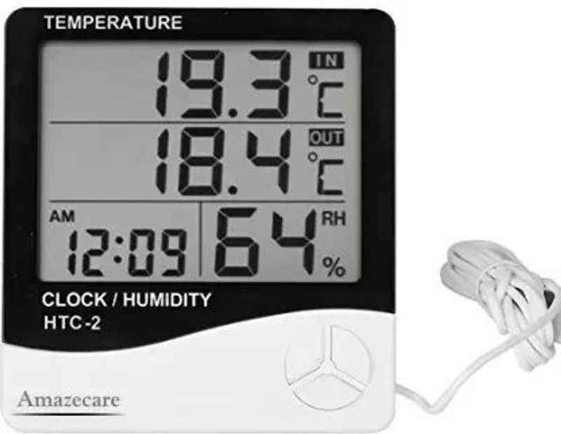 Real Instruments HTC-2 Hygrometer Electronic Thermo Hygro With External Sensing Probe Humidity Meter Tester + Temperature Meter + Alarm Clock + Time With Pin-Type All-in-One Digital Moisture Measurer(40 mm)