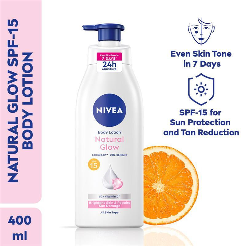 NIVEA Natural Glow, Cell Repair Brightens Skin, 50x Vitamin C Body Lotion with SPF 15(400 ml)