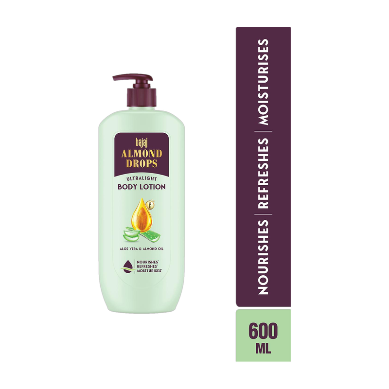 BAJAJ Almond Drops Ultralight Body Lotion, Hydration-Aloe Vera, Almond Oil & Vitamin E(600 ml)