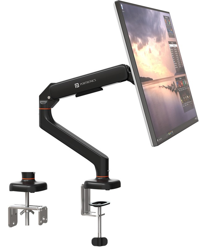 Portronics Aerolift Solo Gas Spring Monitor Arm, 13–32 Inch Screens with Dual Mount Options Desk Mount Monitor Arm
