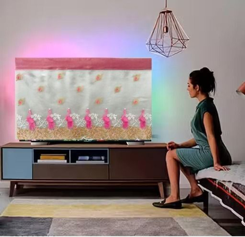 ANSHMJIMN Elegant Pink Embroidered TV Cover | Premium Dustproof & Washable Cover for 43 inch TV COVER  - PINK MOR 43(Multicolor)