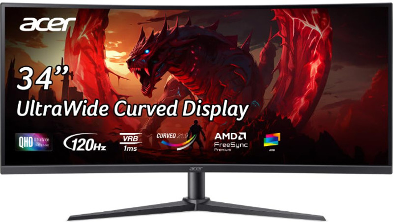 Acer 86.36 cm (34 inch) Curved UWQHD LED Backlit VA Panel Gaming Monitor (ED343CUR UWQHD 120Hz)(AMD Free Sync, Response Time: 1 ms, 120 Hz Refresh Rate)