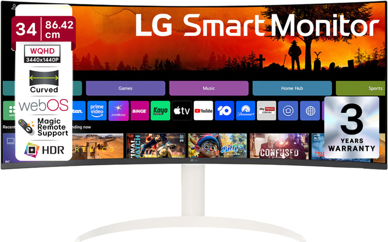 LG Smart 86.36 cm (34 inch) Curved WQHD VA Panel 34 (86.36 cm) 21:9 Curved WQHD (3440x1440) display, webOS Smart Monitor, ThinQ Home Dashboard / Magic Remote support, AirPlay 2, Screen Share, Bluetooth, 2xHDMI, 2xUSB ports, Tilt / Height adjustable stand Monitor (34SR65QC-W.ATR)(Response Time: 5 ms,
