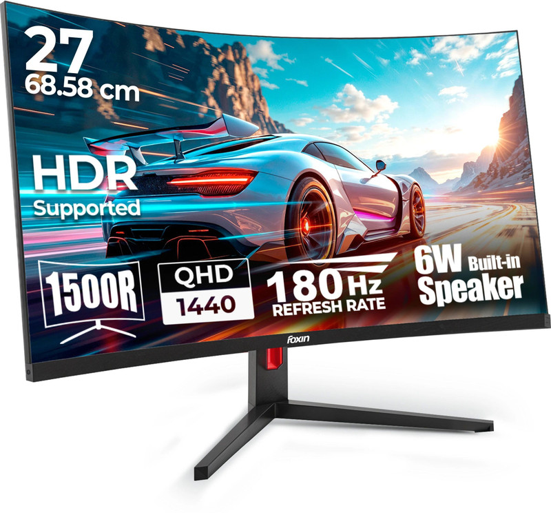 Foxin 68.58 cm (27 inch) Curved Quad HD LED Backlit VA Panel Gaming Monitor (Phantom Pro 27"(68.58 cm) 1500R 2K Curved Gaming Monitor, QHD 2560x1440p,)(Frameless, Adaptive Sync, Response Time: 1 ms, 180 Hz Refresh Rate)