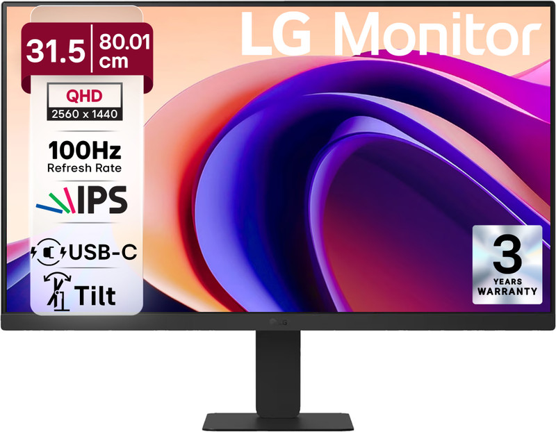 LG QHD Series 80.01 cm (32 inch) Quad HD IPS Panel with sRGB 99% (Typ.), HDR10, USB-C with PD 15W, HDMI, Head Phone Out, Reader Mode, Flicker Safe, 3-Sided Virtually Borderless Monitor (32U631A-BD.CTRDMR)(Response Time: 5 ms, 100 Hz Refresh Rate)