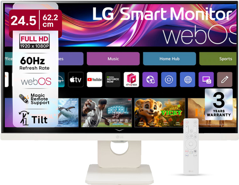 LG 62.23 cm (25 inch) Full HD IPS Panel with webOS, ThinQ Home Dashboard, ThinQ App, Remote Control, x2 Built-in Speakers, AirPlay 2 Screen Share Bluetooth, Smart Monitor (25SR50F-W.ATRRJSN)(Response Time: 5 ms, 60 Hz Refresh Rate)