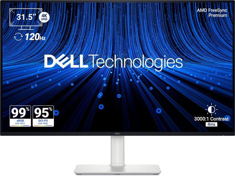 DELL 81.28 cm (32 inch) 4K Ultra HD LED Backlit VA Panel with HDR10, 99% SRGB, 95% DCI-P3, 3000:1 Contrast Ratio, 300 nits Brightness, Dual 5W Speakers, HDMI X 2, DP 1.4, Height/Tilt/Slant Adjustable Monitor (S3225QS)(AMD Free Sync, Response Time: 4 ms, 120 Hz Refresh Rate)