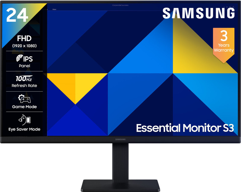 Samsung S3 Essential 60.4 cm (24 inch) Full HD LED Backlit IPS Panel with New Super Slim Design, Ports-HDMI, VGA, Tilt Stand, Game Mode, Eye Saver Mode, Wall Mountable, Black Monitor (LS24D300GAWXXL)(Frameless, AMD Free Sync, Response Time: 5 ms, 100 Hz Refresh Rate)