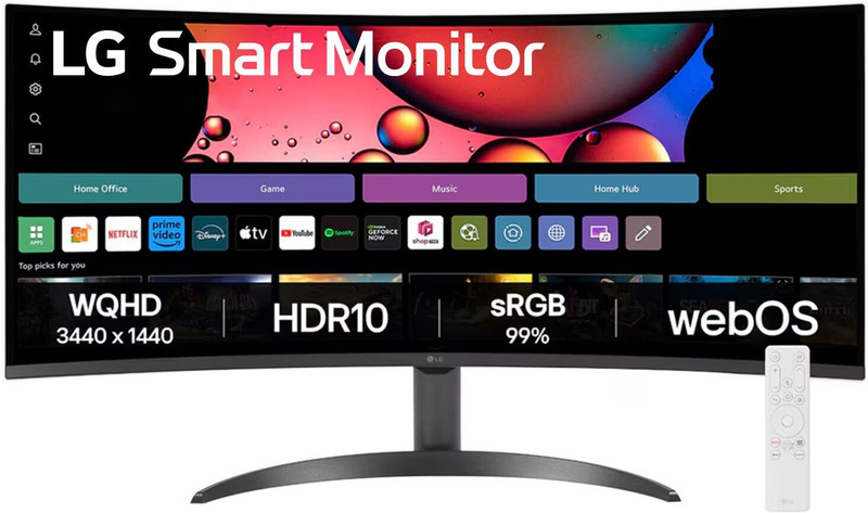 LG 34SR65QC (3440 x 1440) Curved (1800R) UltraWide 21:9 with height Adjust 86.36 cm (34 inch) Curved WQHD LED Backlit VA Panel Monitor (Spk Inbuilt,Wifi BT,Smart TV Apps,AirPlay 2,Screen Share,HDMI, USB,LAN,99% sRGB)(Frameless, Response Time: 5 ms, 100 Hz Refresh Rate)