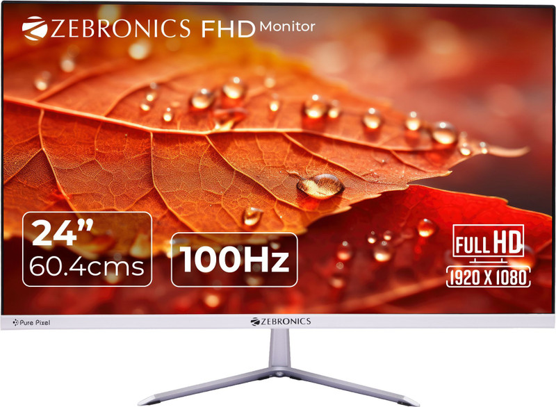 ZEBRONICS Pure Pixel 60.96 cm (24 inch) Full HD VA Panel with 250 nits brightness, HDMI, VGA, Ultra Slim Bezel, Built-in Speakers, Metal Stand, Wall Mountable Monitor (ZEB-EA124)(Response Time: 12 ms, 100 Hz Refresh Rate)