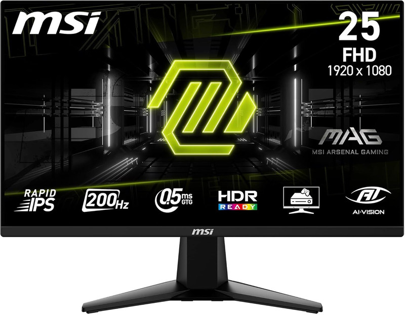MSI 63.5 cm (25 inch) Full HD IPS Panel Gaming Monitor (MAG 255F E20 (1920x1080), HDR Ready, Eye Care, AI Vision, HDMI 2.0b, DP 1.2a)(Frameless, AMD Free Sync, Response Time: 0.5 ms, 200 Hz Refresh Rate)