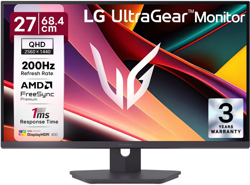 LG UltraGear series 68.0 cm (27 inches) Quad HD LED Backlit IPS Panel with sRGB 99%, Anti-Glare, HDR10, DP, HDMI x 2, Tilt/Swivel/Height/Pivot Adjustable Gaming Monitor (27G610A-BN.CTRDMJ)(AMD Free Sync, Response Time: 1 ms, 200 Hz Refresh Rate)