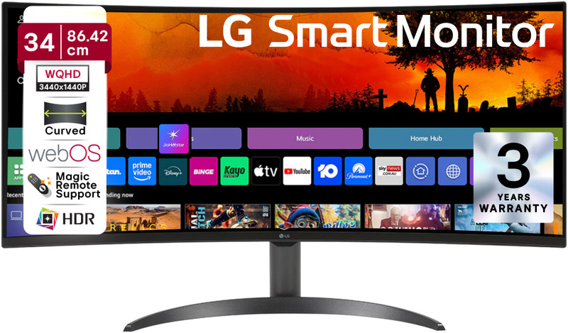 LG Smart 86.36 cm (34 inch) Curved WQHD VA Panel 34 (86.36 cm) 21:9 Curved WQHD (3440x1440) display, webOS Smart Monitor, ThinQ Home Dashboard / Magic Remote support, AirPlay 2, Screen Share, Bluetooth, 2xHDMI, 2xUSB ports, Tilt adjustable stand Monitor (34SR60QC-BA.ATRDMSN)(Response Time: 5 ms, 100