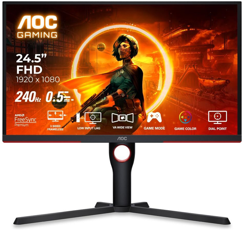 AOC 62.23 cm (25 inch) Full HD VA Panel with Low Input Lag Gaming Monitor (25G3ZM/BK)(Adaptive Sync, Response Time: 0.5 ms, 240 Hz Refresh Rate)