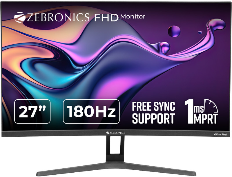 ZEBRONICS 68.58 cm (27 inch) Curved Full HD VA Panel with HDR10, DP, HDMI, 16.7 Million Colors, Inbuilt Speakers, Bezel-Less Design Gaming Monitor (ZEB-S27B)(Frameless, AMD Free Sync, Response Time: 1 ms, 180 Hz Refresh Rate)