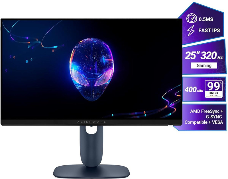 DELL Alienware 25 320Hz Gaming Monitor 63.5 cm (25 inch) Full HD IPS Panel Gaming Monitor (AW2525HM- HDMI, DP, USB, TILT/HEIGHT/SWIVEL/PIVOT, 400nits, NVIDIA G-SYNC COMPT.)(AMD Free Sync, Response Time: 0.5 ms, 320 Hz Refresh Rate)
