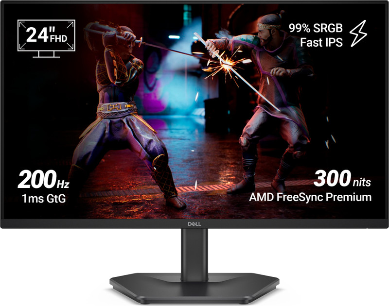DELL SE Series 60.96 cm (24 inch) Full HD IPS Panel with HDR 10, 300nits, 1000:1 Contrast, 99% Srgb, Tilt, 2 HDMI 2.1 TDMS(supports HDMI VRR), DP 1.4, 3side narrow bezels Gaming Monitor (SE2425HG)(AMD Free Sync, Response Time: 1 ms, 200 Hz Refresh Rate)