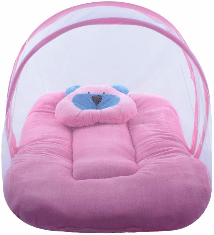 Kiwon Soft and Comfortable New Born Baby Bedding Set with Protective Mosquito Net and Pillow (0-6 Months) Nylon Washable Infants Mosquito Net(Pink, Tent)