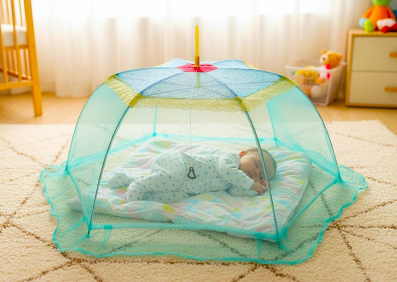 TWINKLE CARE Fancy 6 Stick Round Shape Baby Mosquito Net Polyester Washable Infants Mosquito Net(Green, Frame Hung)
