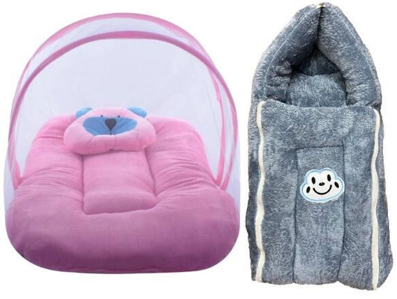 OLENE Combo Bedding Set Protective MosquitoNet & Sleeping Bag For New Born Comfortable Fibre Washable Kids Mosquito Net(Pink, Grey, Bed Box)