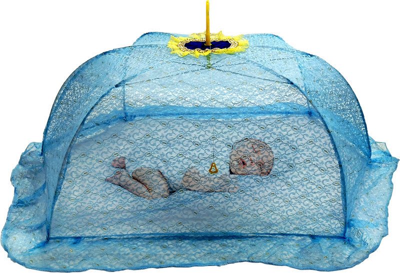 TWINKLE CARE Baby Mosquito Net with Double Safety Lock-Full Body Design with Floral Lace,Zari Polyester Washable Kids Mosquito Net(Blue, Tent)
