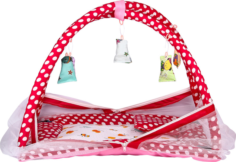 ANIXA Baby Mosquito Net Newborn Play Activity Gym with Hanging Toys Sleeping Bed Cotton Washable Kids Mosquito Net(Red, Tent)