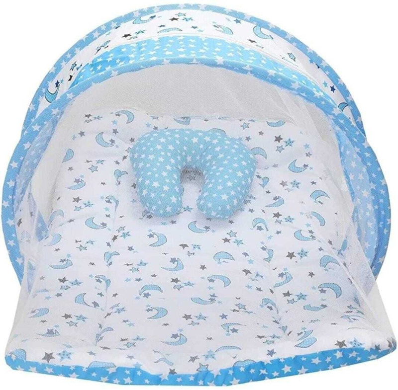 BULI-WEAR Buli Wear Super Soft , Cotton Baby Mattress with Net - Bedding Set (0-6 Months ,Blue Dot) Polyester Washable Infants Mosquito Net(Blue, Bed Box)