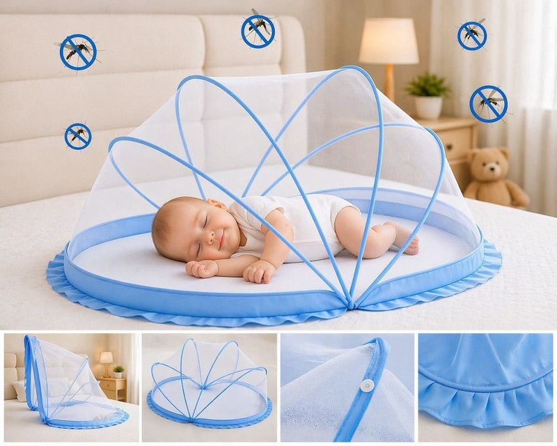 MZ Enterprise Baby folding cribe (0 To 24) month old baby use HDPE - High Density Poly Ethylene Washable Kids Mosquito Net(White Net Blue Bodar, Tent)