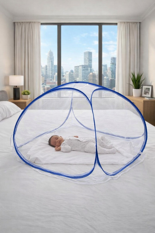 quickdeall Luxury Baby Mosquito Net | Foldable Tent Design with Carry Bag for Easy Travel Nylon Washable Infants Mosquito Net(White & Blue, Tent)