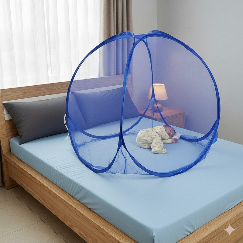 RUDRAYM Baby Mosquito Net Without Zipper | Foldable Blue Dome Net for Kids Polyester Washable Kids Mosquito Net(Blue, Tent)