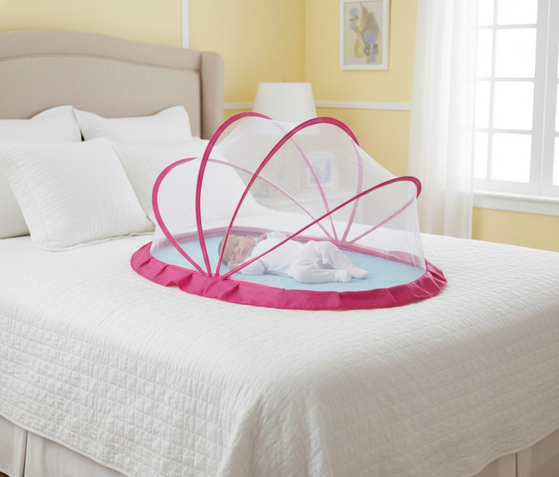 ERSAD ENTERPRISE Foldable Baby Crib Net(0 to 24)Month's Polyester Washable Kids Mosquito Net(White Net & Pink Base, Tent)