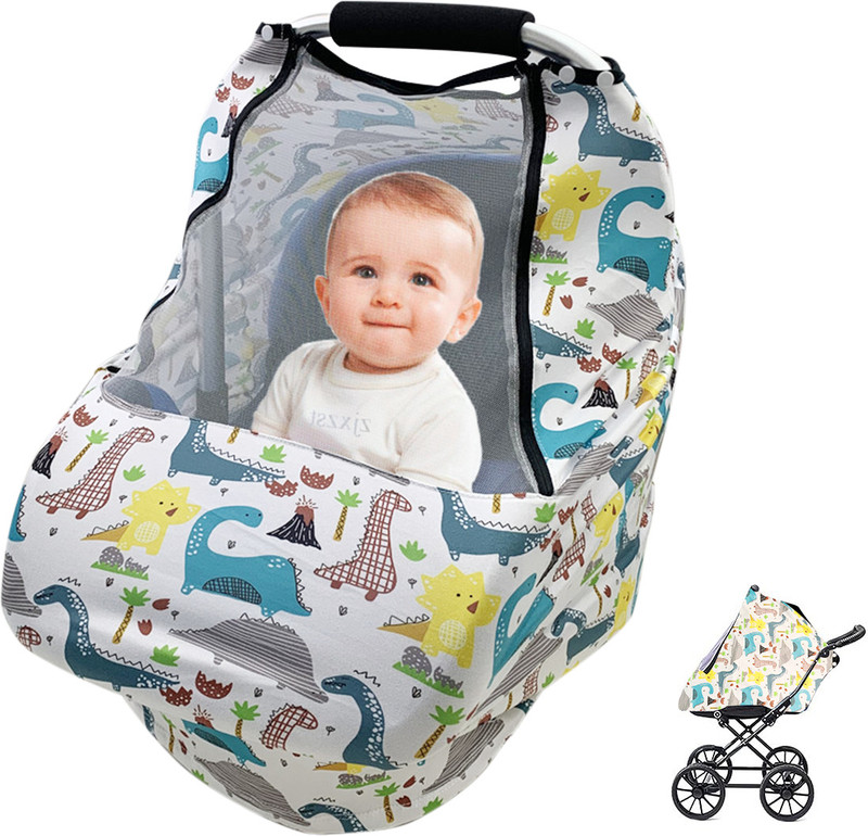 gustave Baby Car Seat Cover with Mesh Window Nursing Cover and Sunshade Canopy(White)